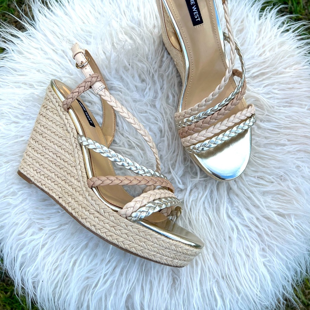 Nine West Silver and Tan Wedge Sandals